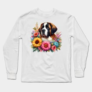 A St. Bernard dog decorated with beautiful colorful flowers. Long Sleeve T-Shirt